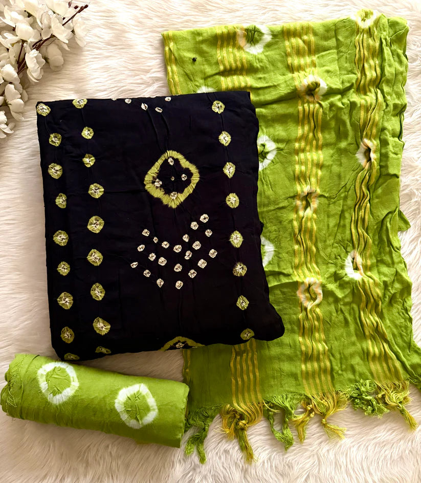 Classic Jamnagar Bandhani Dress Material Set – Black & Lime