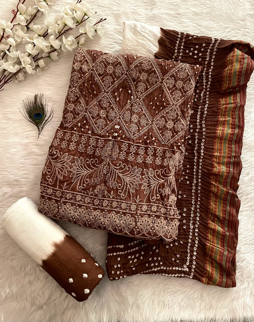 Premium Jamnagar Bandhani Suit Set with Lucknowi Embroidery