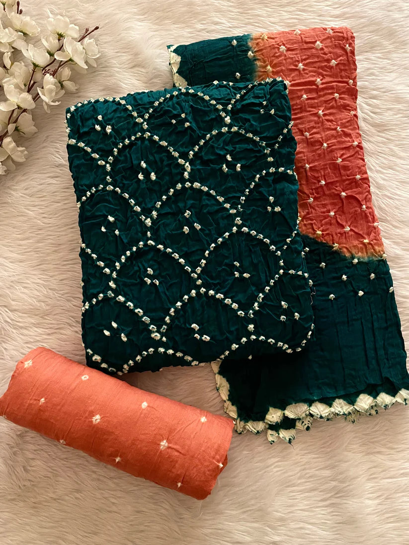 Teal & Coral Jamnagar Bandhani Dress Material Set